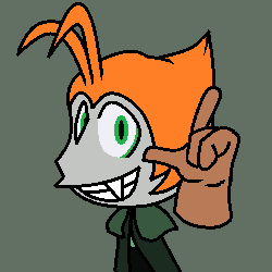 A teenaged alien boy in a dark green robe. He has a toothy, confident smile, and is snapping his finger