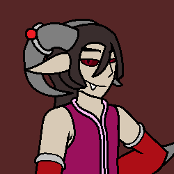 A woman with dragon-like features stares at the camera, one hand on her hip. Red scales grow out from beneath her silver arm bracers and envelope her large, muscled forearms. She wears a sleeveless mauve robe