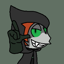 A teenaged alien boy in a black cloak with the hood pulled up over his head. He has a toothy grin as he snaps his fingers confidently.