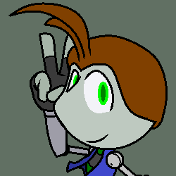 A teenaged alien boy with a vest and work harness on. His right antenna is missing part of the end, but he still has a bright, cheery smile as he flashes a peace sign with his right hand