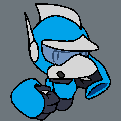 An alien fighter pilot posing with his fingers pressed to a communicator on one side of his head, as the other hand is resting at his hip.